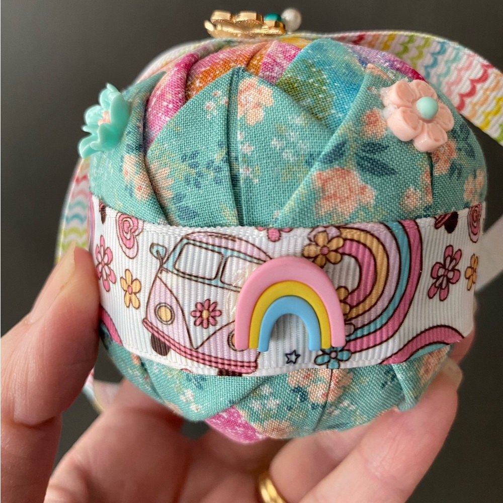 Groovy Pastel Handcrafted Quiltlook Holiday Ornament, VW Bud Rainbows Flowers